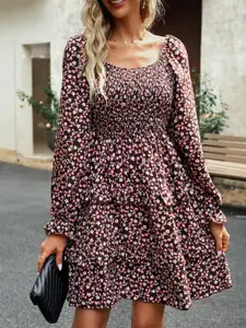 StyleCast Pink Floral Printed Puff Sleeve Fit & Flare Dress