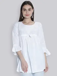 Seva Chikan Floral Embroidered Pure Cotton Bell Sleeves Chikankari A-line Kurti