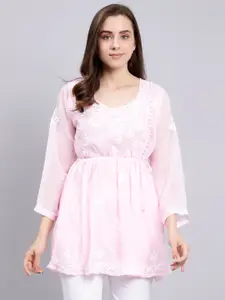 Seva Chikan Floral Embroidered Chikankari A-Line Kurti With Slip