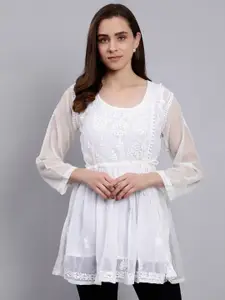 Seva Chikan Floral Embroidered Chikankari A-Line Kurti With Inner