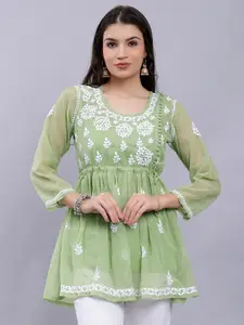 Seva Chikan Floral Embroidered Chikankari A-line Kurti With Slip