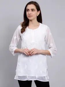 Seva Chikan Floral Embroidered Chikankari Straight Kurti With Slip