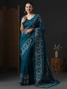 Anouk Teal & White Floral Printed Block Print Saree