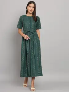 HELLO DESIGN Ethnic Motifs Printed Belted Detailed Cotton A-Line Midi Dress