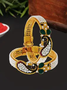 ZENEME Set of 2 Gold-Plated Pearls Studded Meenakari Peacock Antique Bangles