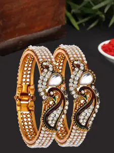 ZENEME Set Of 2 Gold-Plated Pearls Beaded Peacock Inspired Openable Bangles