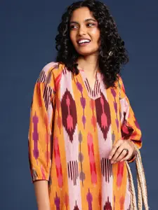 Taavi Women Ikat Printed Mandarin-Collar A-Line Kurta