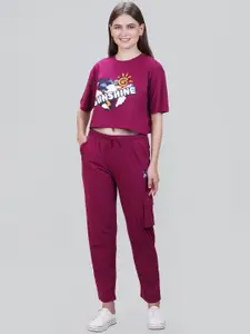 She N She Graphic Printed Cotton Lycra Crop Top & Trousers