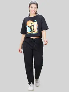 She N She Printed Oversized-Fit T-Shirt With Trousers