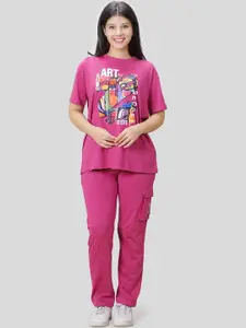 She N She Printed Oversized-Fit T-Shirt & Trouser Co-Ords