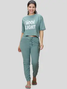 She N She Typography Printed Lounge Cropped T-shirt with Pants