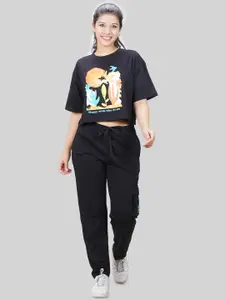 She N She Printed Round-Neck T-Shirt With Trouser Co-Ords