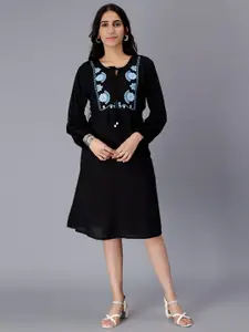 SAAKAA Floral Embroidered Puff Sleeve A-Line Dress