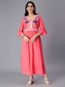 SAAKAA Floral Embroidered V-Neck Bell Sleeve Maxi Dress