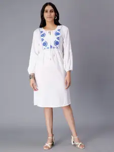 SAAKAA Floral Embroidered Tie-Up Neck Puff Sleeve A-Line Dress