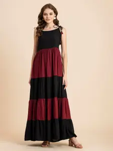 Moomaya Colourblocked Tie-Up Neck Tiered Maxi Dress