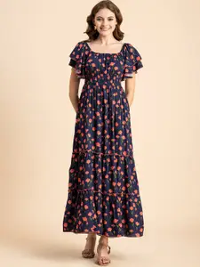 Moomaya Floral Printed Flutter Sleeves Smocked Fit & Flare Dress