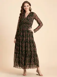 Moomaya Floral Printed V-Neck Chiffon Maxi Dress