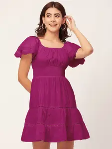 Moomaya Self Design Smocked Cotton Fit & Flare Mini Dress