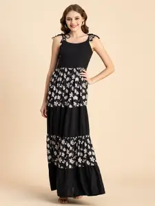 Moomaya Floral Printed Tie-Up Neck Tiered Maxi Dress
