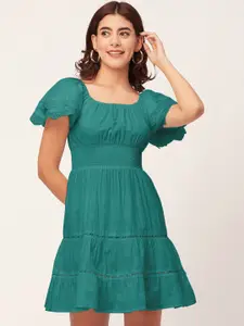 Moomaya Self Design Smocked Cotton Fit & Flare Mini Dress