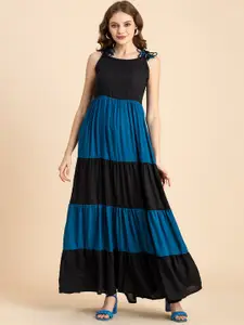 Moomaya Colourblocked Tie-Up Neck Tiered Maxi Dress