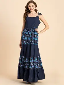 Moomaya Floral Printed Tie-Up Neck Tiered Maxi Dress