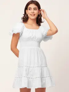 Moomaya Square Neck Flared Sleeves Smocked Tiered Cotton Fit & Flare Dress