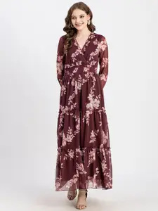 Moomaya Floral Printed V-Neck Smocked Tiered Chiffon Maxi Dress