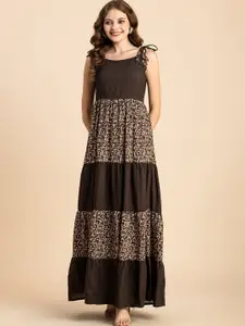 Moomaya Floral Printed Tie-Up Neck Tiered Maxi Dress