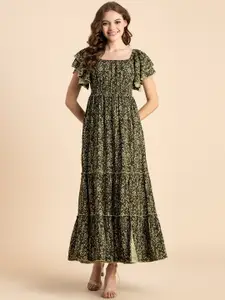 Moomaya Floral Printed Square Neck Flared Sleeves Smocked Tiered Maxi Dress