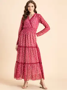 Moomaya Floral Printed V-Neck Chiffon Maxi Dress