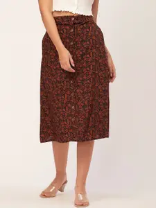 Moomaya Floral Printed A-Line Front Buttoned Midi Skirts