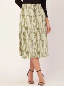 Moomaya Women Abstract Printed A-Line Front Buttoned Midi Skirt