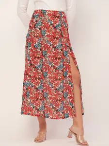 Moomaya Floral Printed A-Line Midi Skirt With Slit