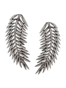 Infuzze Silver-Plated Leaf Shaped Oxidised Drop Earrings