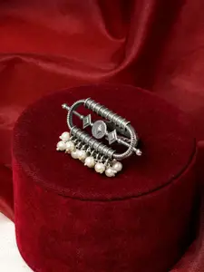 TEEJH Silver-Plated Beads Beaded Oxidised Adjustable Finger Ring
