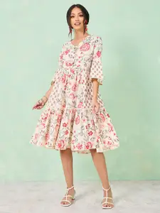 Styli White & Red Floral Printed Flared Sleeves Tiered Cotton Fit & Flare Dress