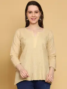 ADA Beige Floral Embroidered Thread Work Pure Cotton Thread Work Kurti