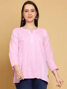 ADA Pink Floral Embroidered Thread Work Pure Cotton Thread Work Kurti