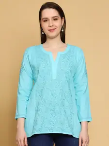 ADA Blue Floral Embroidered Thread Work Pure Cotton Thread Work Kurti