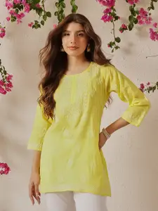 ADA Yellow Floral Embroidered Thread Work Pure Cotton Thread Work Kurti