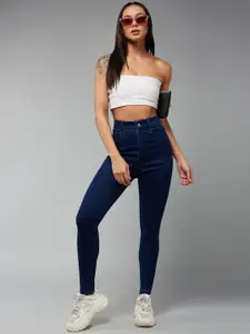 DOLCE CRUDO Women Navy Blue Skinny Fit High-Rise Slash Knee Stretchable Jeans
