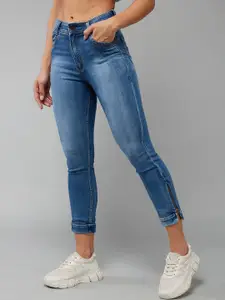 DOLCE CRUDO Women Blue Skinny Fit High-Rise Low Distress Light Fade Stretchable Jeans