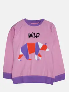 KiddoPanti Girls Pink Typography Colourblocked Pockets T-shirt