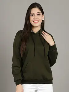 GRACIT Women Olive Green Hooded Sweatshirt