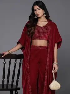 Libas Embroidered Crop Top with Palazzos & Shrug