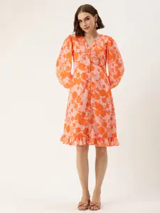 Ethnovog Floral Printed Puff Sleeve Georgette A-Line Dress