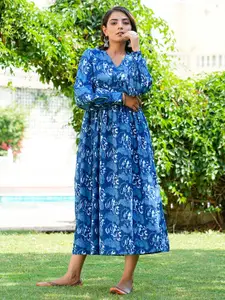 GULAB CHAND TRENDS Blue Floral Print Formal Blouson Dress