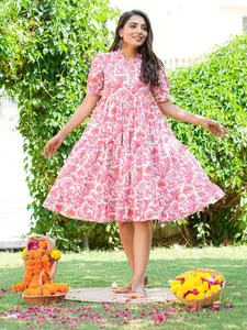 GULAB CHAND TRENDS Pink Floral Print Fit & Flare Dress